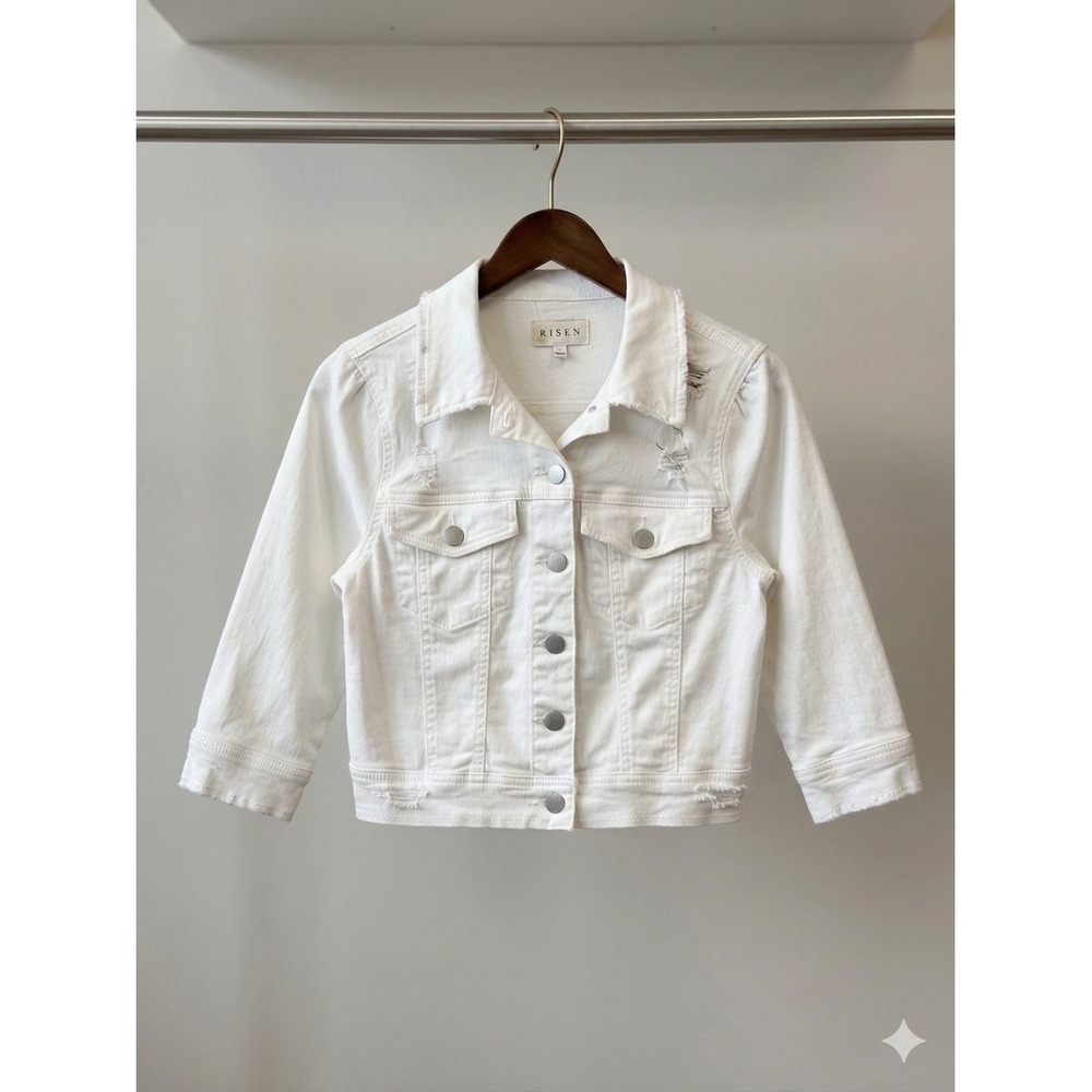 Risen Denim Jacket Women Size Small White Distressed Cropped RDJ9007